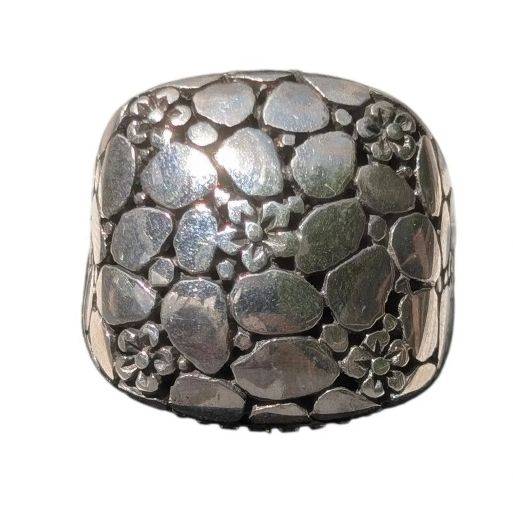 Sarda Sterling Silver 925 Pebble Floral‎ Statement Ring Wide Band Handcrafted 7